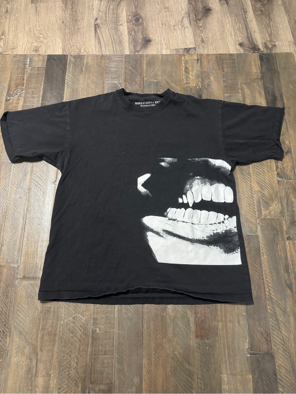 Whole Lotta Red PlayBoiCarti Black Graphic Tee with Large Monochrome Smile Print